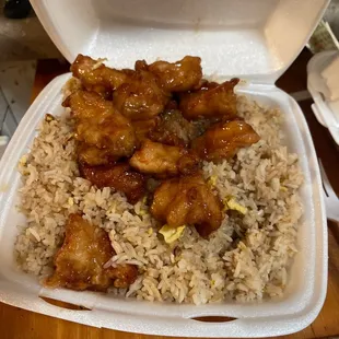 The sad linch special Orange Chicken and fried rice. Bland af