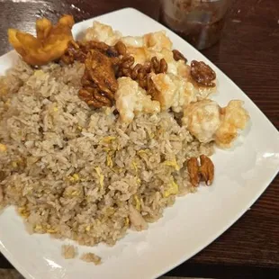 Honey walnut prawns and chicken fried rice