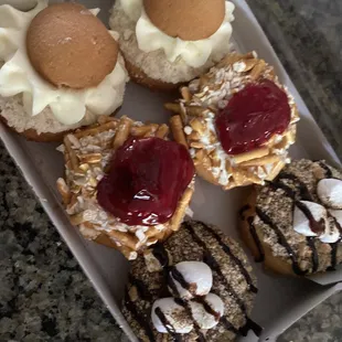 Banana cream, strawberry pretze, smore
