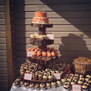 Coral and White Wedding Cake and Cupcakes!