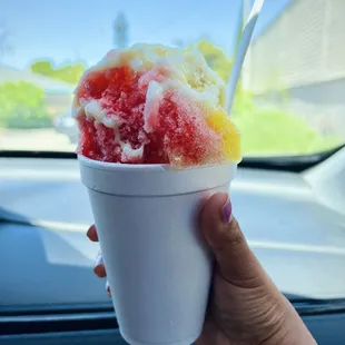 Child size cup: strawberry, mango, blueberry + condensed milk topping