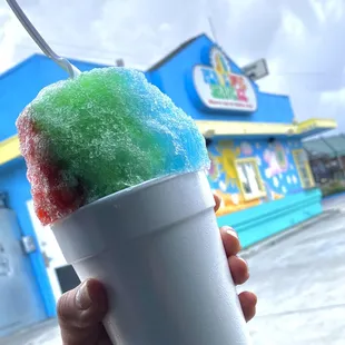 a person holding a cup of ice cream