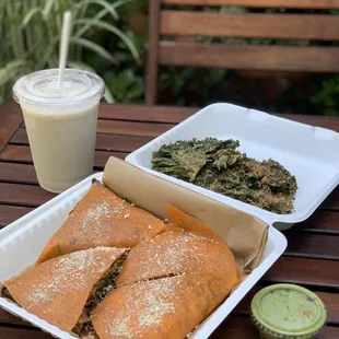 Mystic Mushroom Quesadilla with walnut meat, kale chips, guac, and Durian Shake