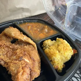 Chicken dinner, Yams, and Corn Bread