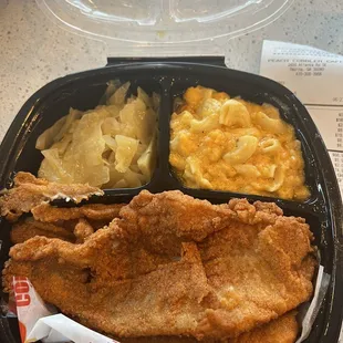 Fried Catfish Filet, Mac and cheese, cabbage