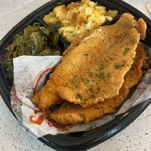 Fried Catfish Filet with collard greens and Mac and cheese