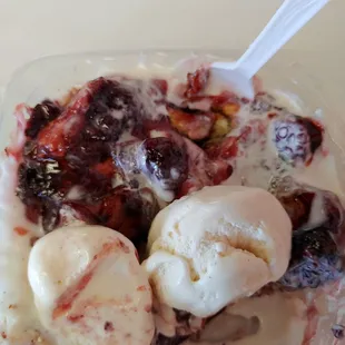 Blackberry Cobbler on top of a Warm Stuffed Cinnamon Roll w/ Icing with Vanilla Ice Cream