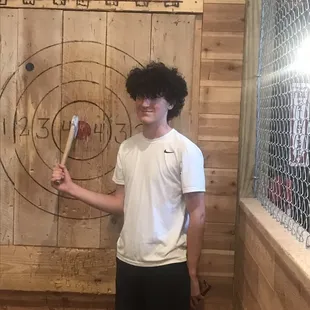 Matthew loving the hatchet throwing