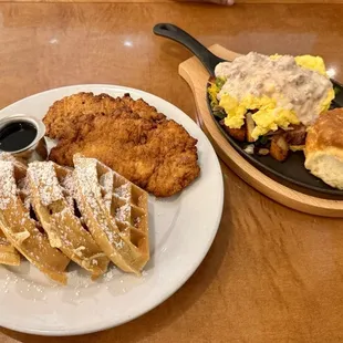 Chicken and Waffles with blueberry butter and cajun syrup   Peach valley skillet
