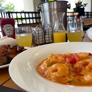 Shrimp and grits and roast beef hash