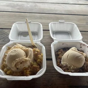 Peaches ice cream over peaches and berry pie