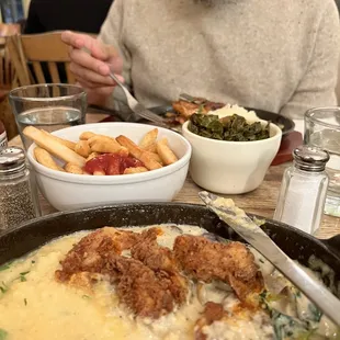 Shrimp Grits, Collard Greens, French Fries