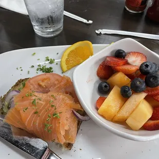 Salmon avocado toast with fruit