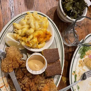 Crispy Fried Catfish with Mac and Cheese and Collard Greens