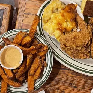 Crispy Fried Chicken with Sweet Potato Fries and Mac and Cheese