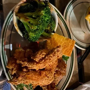 Crispy Fried Chicken, Spicy Grilled Broccoli, Cornbread