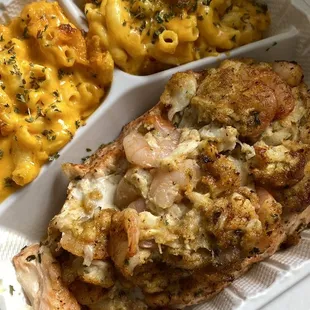 Salmon Stuffed with Crab Meat and Shrimp &amp; Mac &amp; Cheese