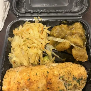 Stuffed Chicken with Crab Meat and Shrimp, Cabbage and Curry Potatoes