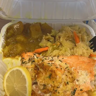 Crab &amp; shrimp stuffed salmon w/ curry potatoes and cabbage