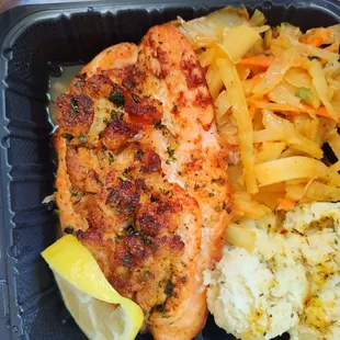 Stuffed salmon (w/crab &amp; shrimp), cabbage and garlic mashed potatoes.