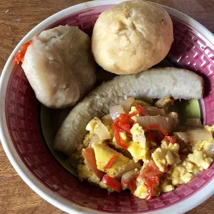 Ackee &amp; Salt Fish with boiled and fried dumpling and boiled green banana! Jamaican breakfast