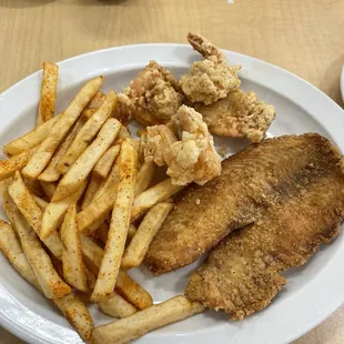 Fish and Shrimp, Tilapia &amp; Chips - raw shrimp, 1 filet, cold fries