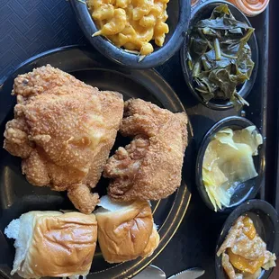 chicken, macaroni and cheese, and a side of macaroni and cheese