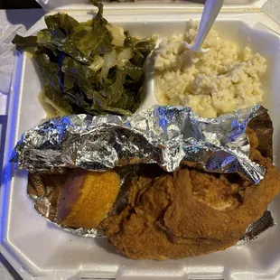 Yup.. faithful chicken &amp; potatoes with white gravy and 1/2 cabbage &amp; greens mix!