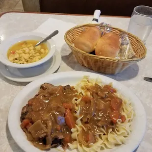 Pot Roast dinner with chicken dumpling soup. This is assume.
