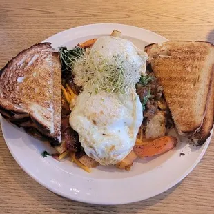 Root hash skillet with sour dough toast.