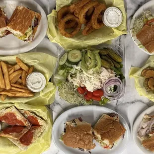 Fries, onion rings, sandwiches, and salads.... Oh yeah and pizza bread.