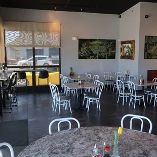 tables and chairs in a restaurant
