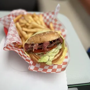 Pastrami burger with fries