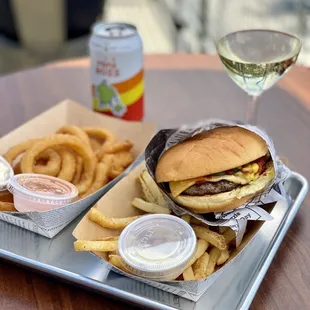 Single Cheeseburger with fries and onion rings