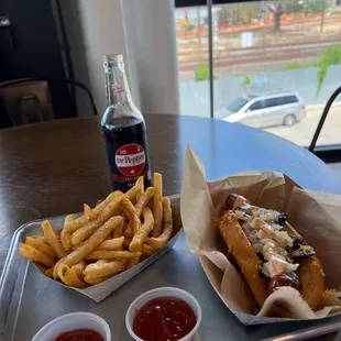 Street hot dog. And crunchy, fresh, hot french fries and a Dr Pepper.