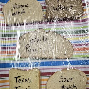 Bread options (Vienna white, 7 grain wheat, white panini, Texas toast, sourdough)
