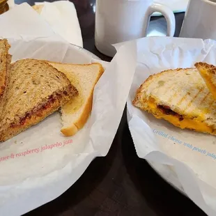 Crunch &amp; Punch on left, Grilled Cheese &amp; Peach Jalapeño Jam + bacon on right