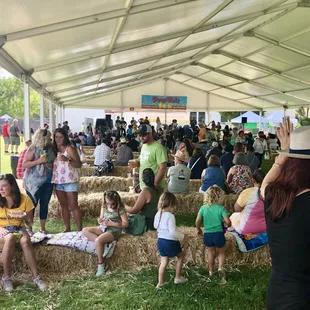 Festive crowd under the tent watching the show