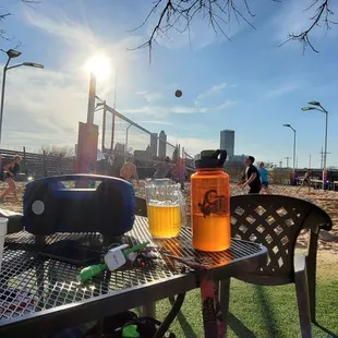 a table with a bottle of beer on it
