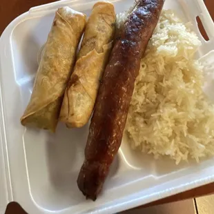 Sausage w rice + 2 egg rolls