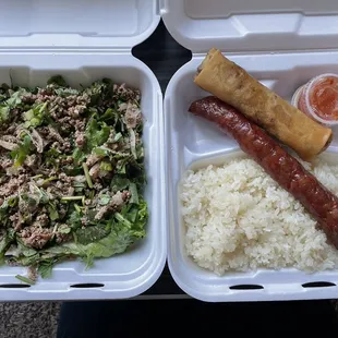 Laap, sausage and rice, egg roll