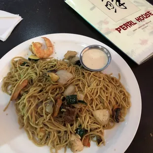 House combo hibachi noodles with yum yum sauce.