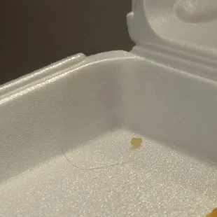 Hair that was found mixed in the fried rice.