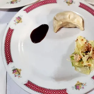 Yummy potsticker with soy sauce, and chicken salad.