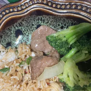 Terrible fried rice that was mainly white rice and "broccoli beef" that was just stinky boiled water beef.