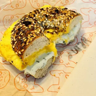 Egg and Cheese with Scallion Cream Cheese on an Everything Bagel, Toasted