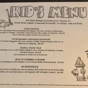 Kids menu
