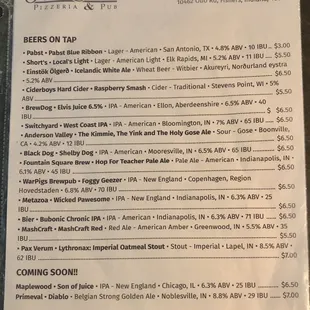 Beers on tap menu