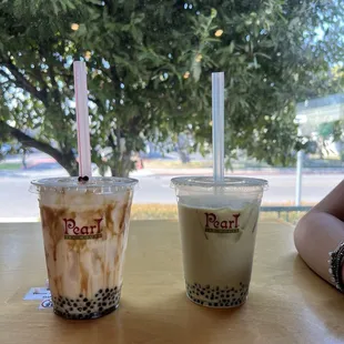 Brown sugar tea with baby boba and green tea milk tea with baby boba regular sweetness