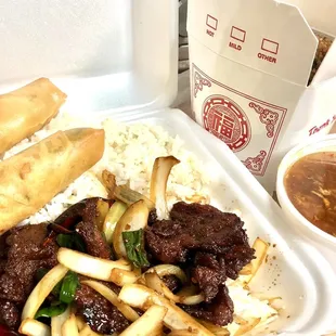 Lunch special Mongolian beef  with hot and sour soup.